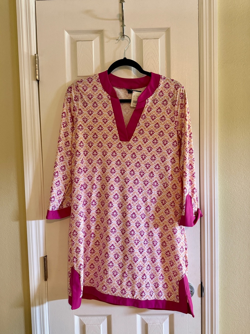 Aqua et Sol Pink White and Orange Printed Tunic dress with Magenta Trim